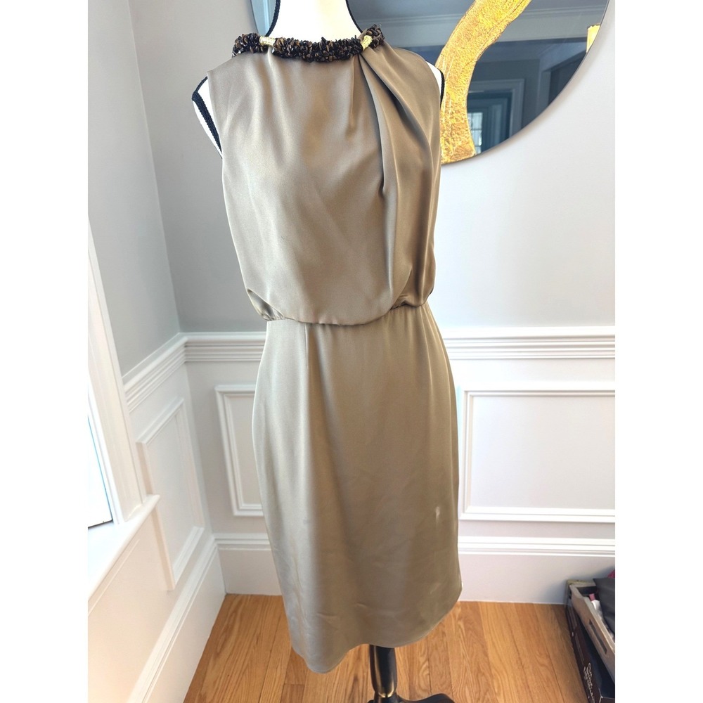 Magaschoni‎ 100% Silk Draped Back Dress 6 Taupe Beaded Summer Wedding Guest
